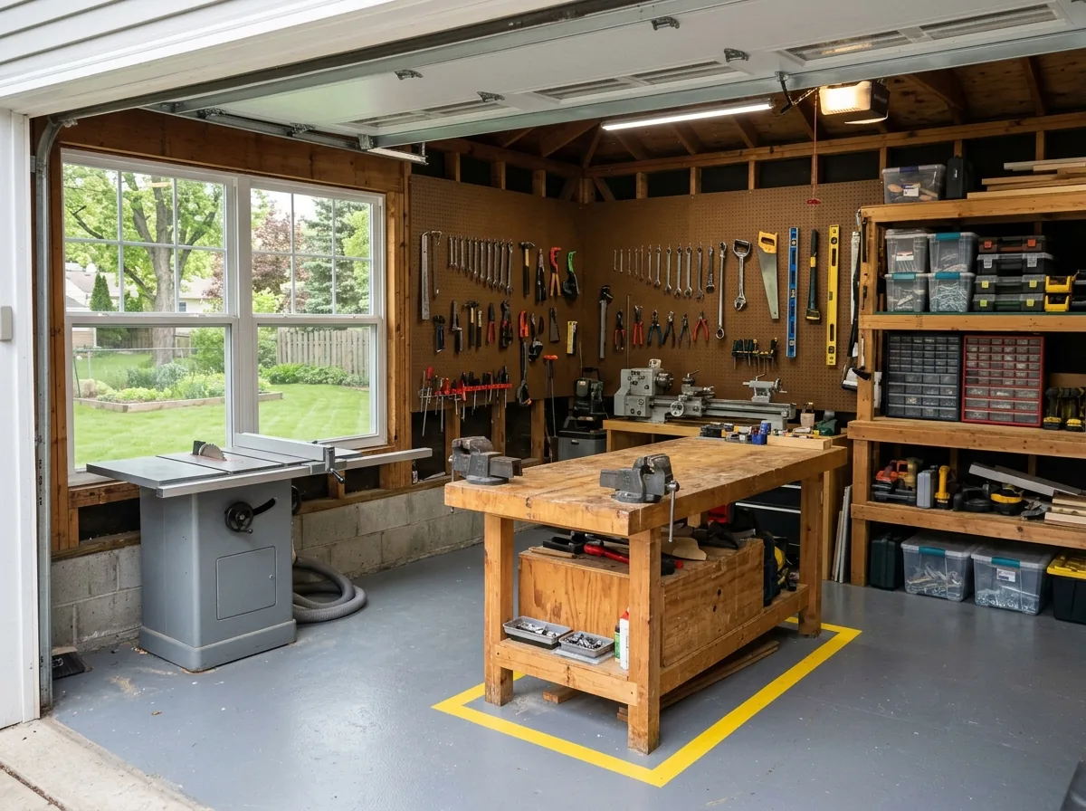 Detached garage workshop with a solid medium gray epoxy floor, a yellow painted safety line around a workbench, a table saw and wall shelving