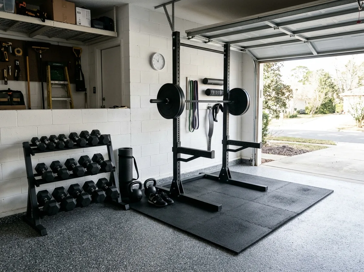 Home garage gym with a charcoal flake epoxy floor, a squat rack standing on black rubber tiles and dumbbells on a rack against the wall