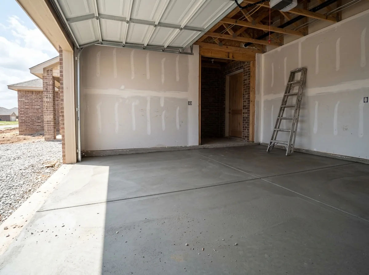 Newly poured smooth gray concrete garage slab in a new brick house, bare drywall walls, no coating yet, sunlight through an open door