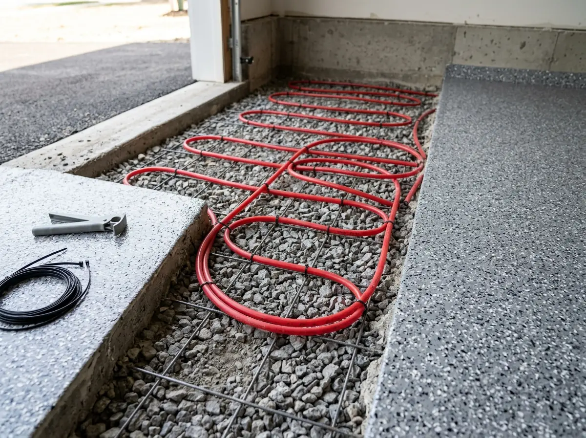 Red PEX radiant heating tubes tied to wire mesh in one unpoured corner of a garage, beside finished concrete with a gray flake coating