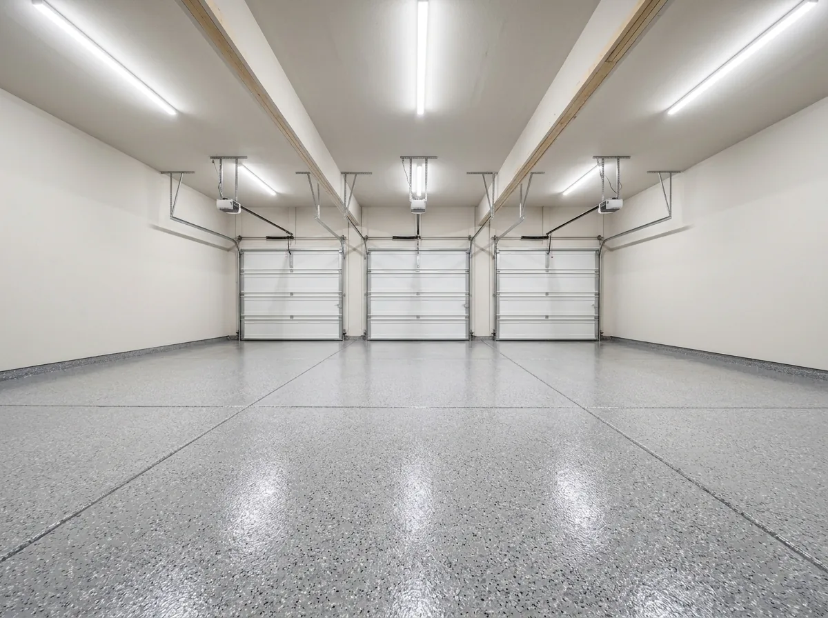 Wide three-car garage floor with a light gray flake coating and long saw-cut control joints running front to back, three closed doors