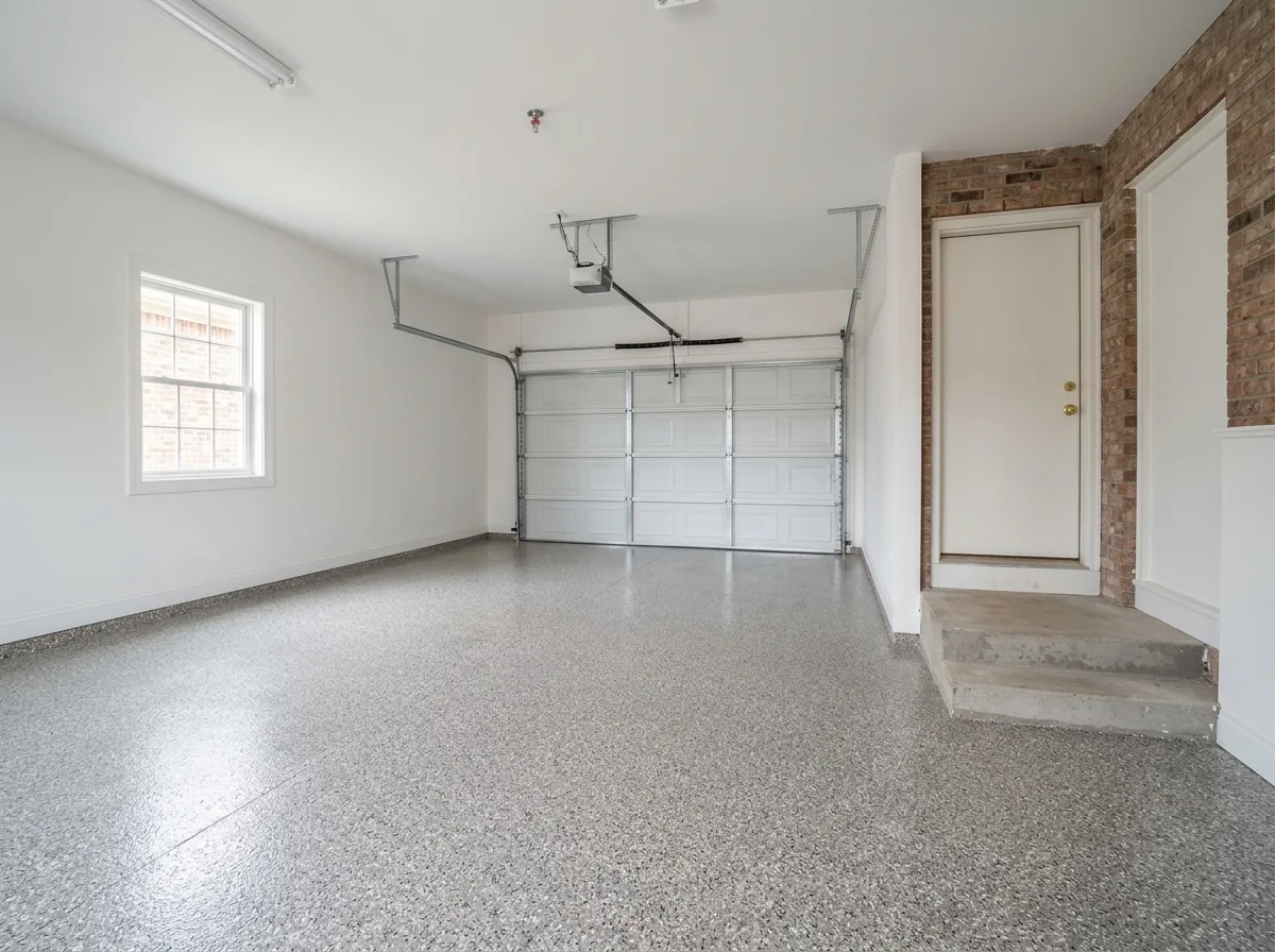 Two-car attached garage with a gray and tan full-broadcast flake epoxy floor, white drywall walls, a closed sectional door and a step up to the house door