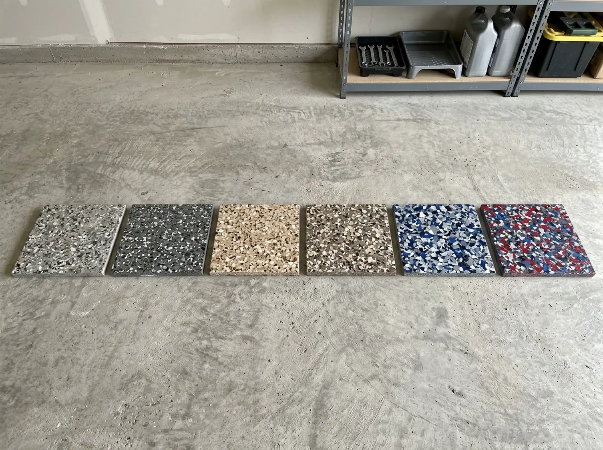 Six square sample boards of different flake blends laid on a bare ground concrete floor, from neutral gray and brown to a bold blend with red and blue chips