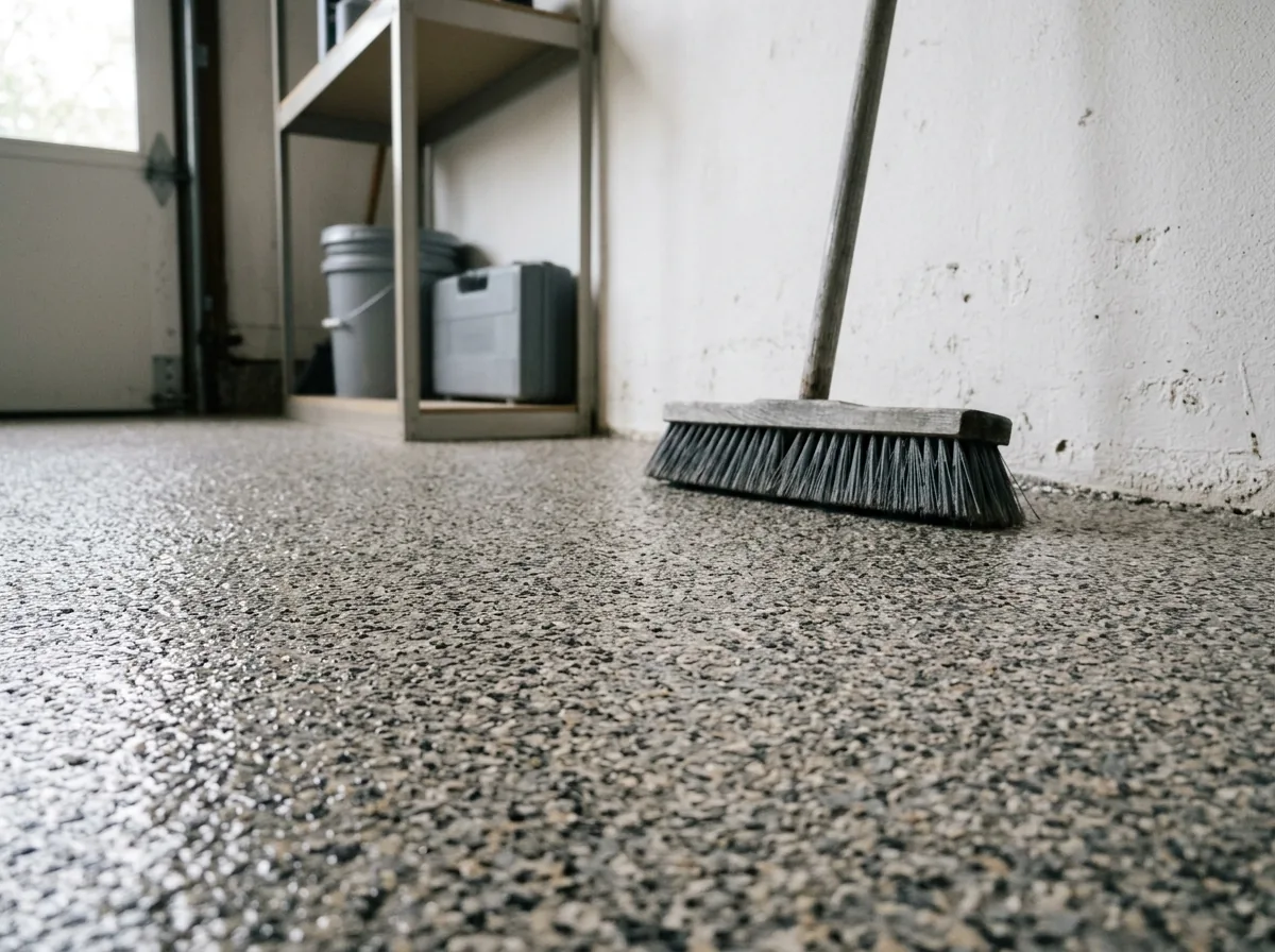Close view of a garage floor in fine eighth-inch and sixteenth-inch gray and tan flake that reads like speckled granite, a broom resting against a wall