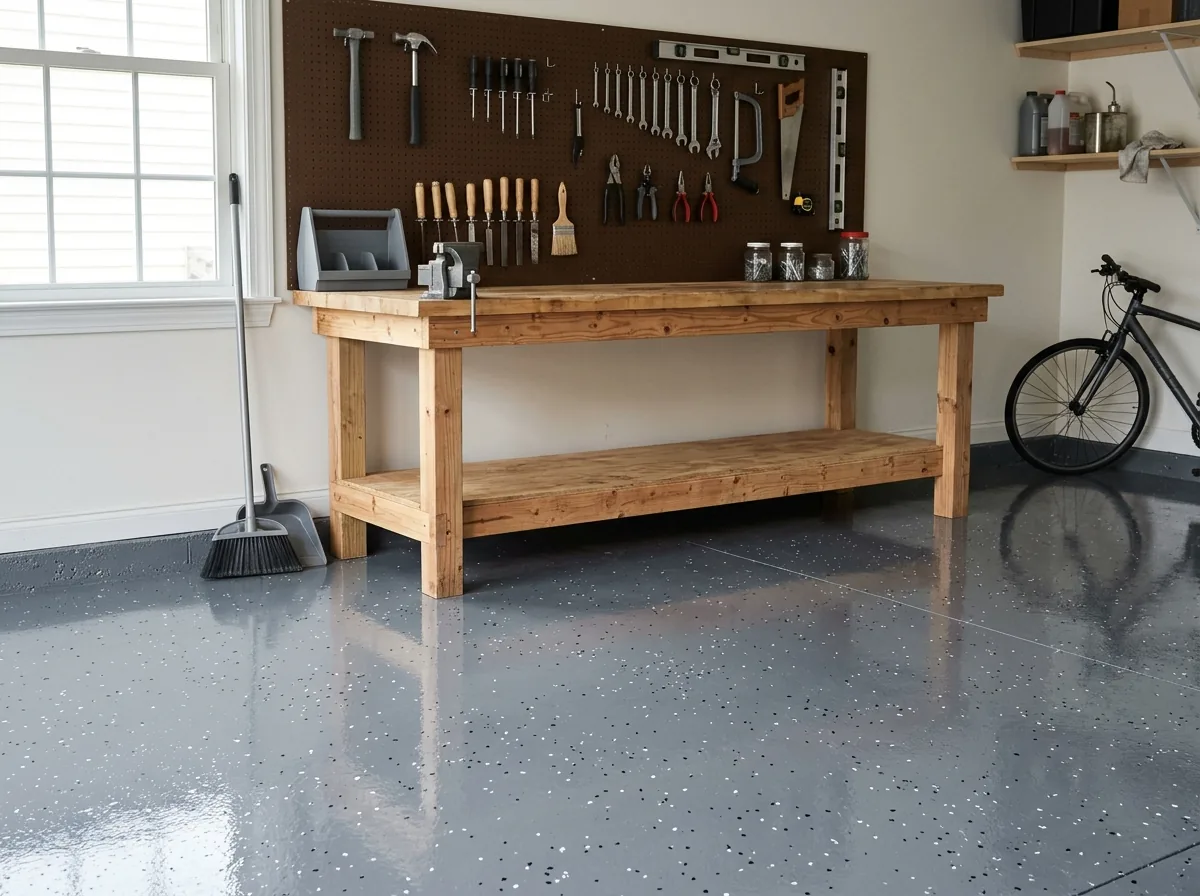 Solid medium gray epoxy floor with a light scattering of black and white flakes spaced apart, a workbench along the back wall
