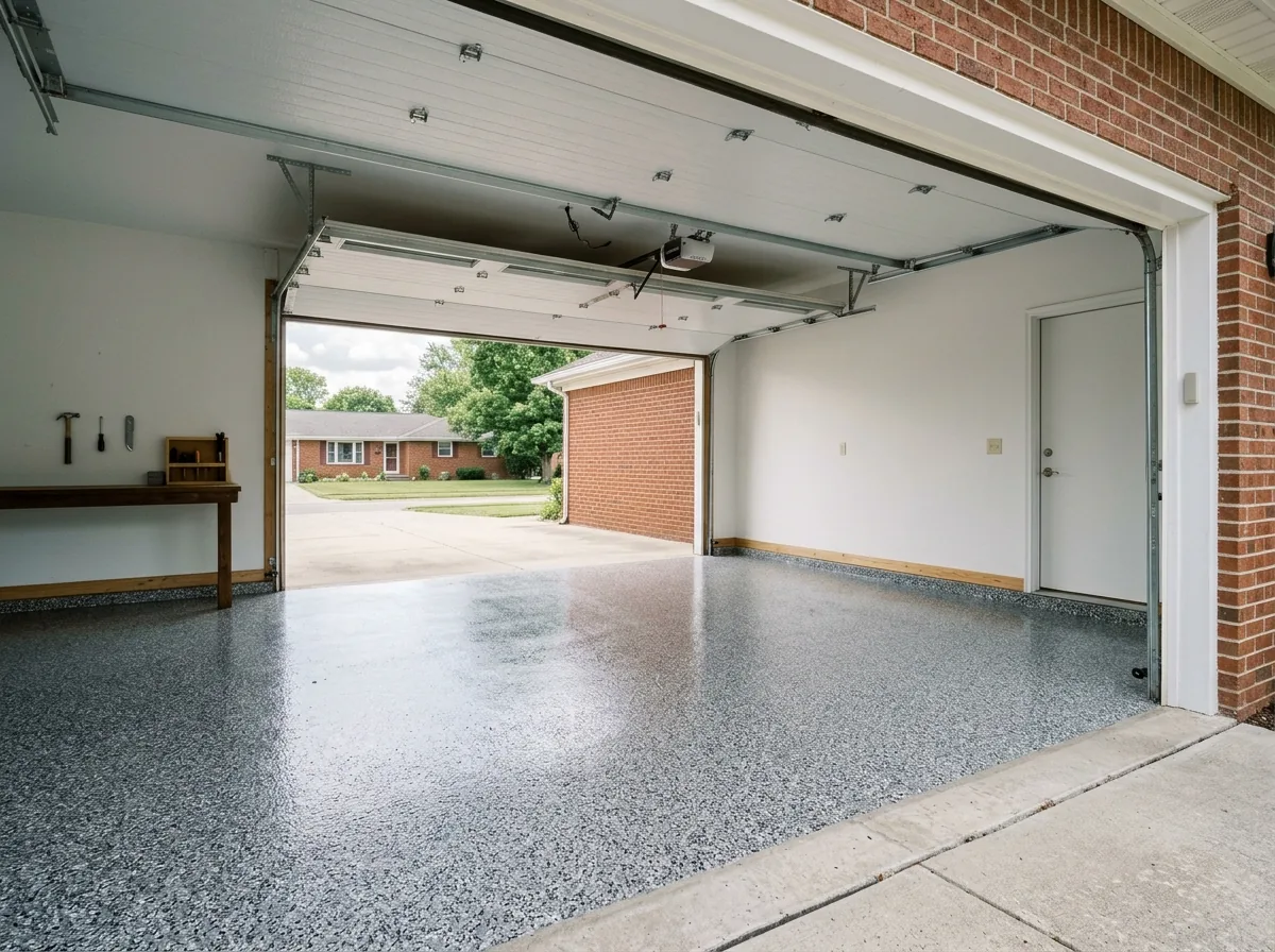 Freshly finished garage floor covered edge to edge in quarter-inch gray, black and white vinyl flake under a clear gloss topcoat, a rolled-up garage door letting in daylight