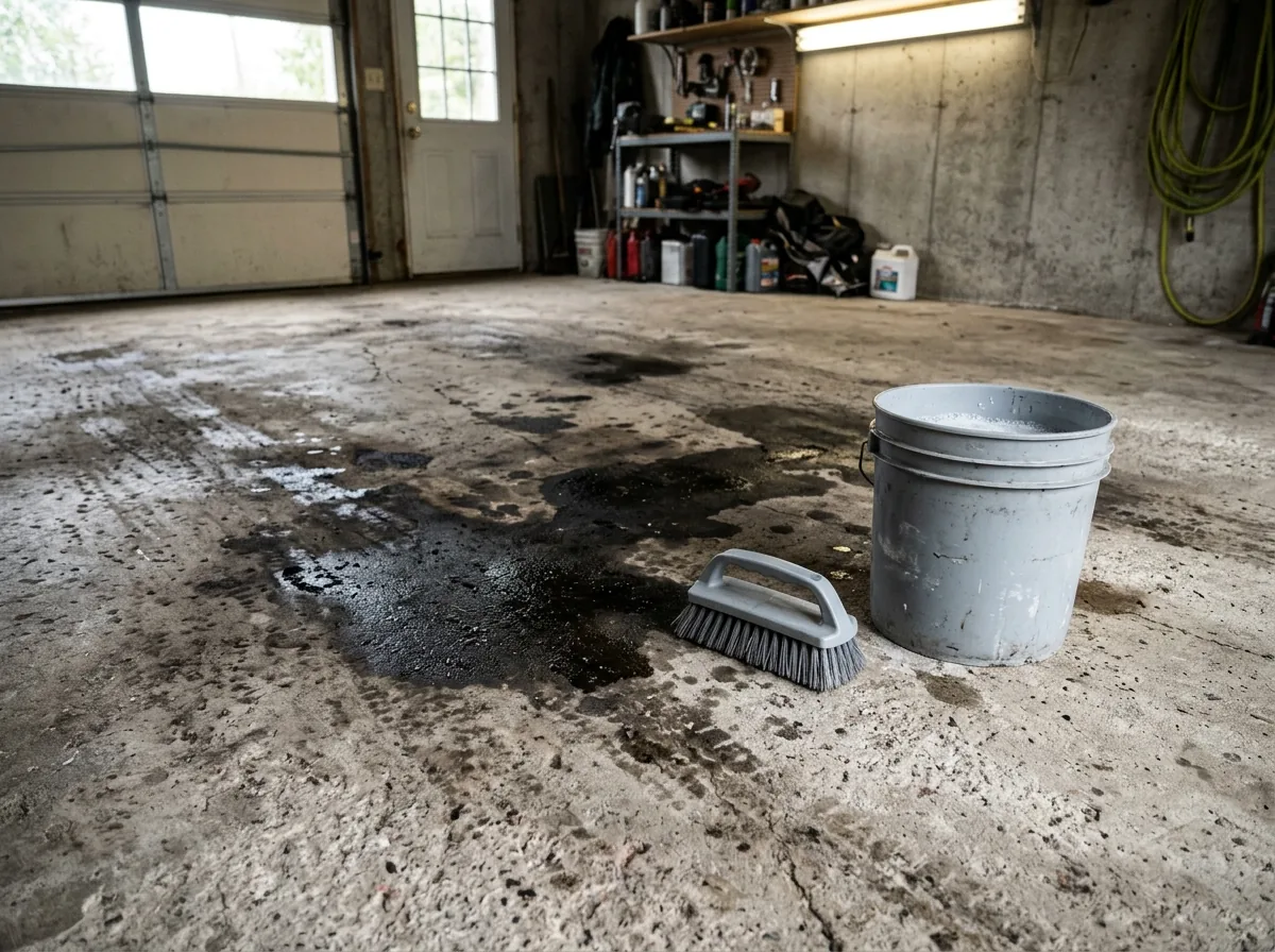 Bare concrete garage floor with dark oil stains under where a car usually parks, a plain gray degreasing scrub brush and bucket beside it