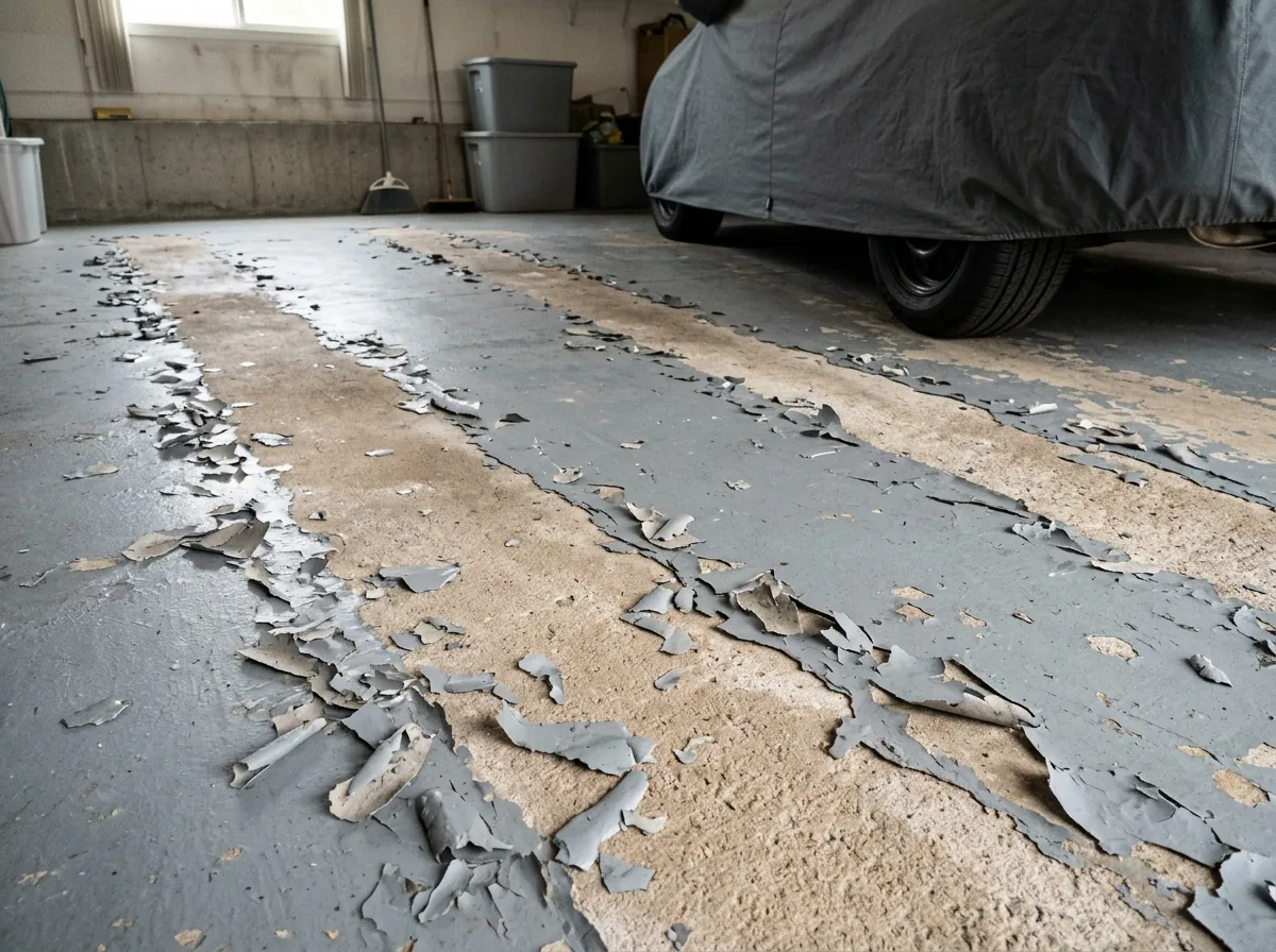 Garage floor with gray paint peeling in two tire-width strips, bare concrete showing through, curled flakes of coating on the floor, the rear tire of a covered car at the edge of frame