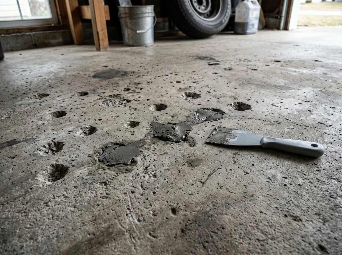 Close view of a bare concrete garage floor dotted with small cone-shaped holes where stones have popped out, a few filled with fresh gray patching compound