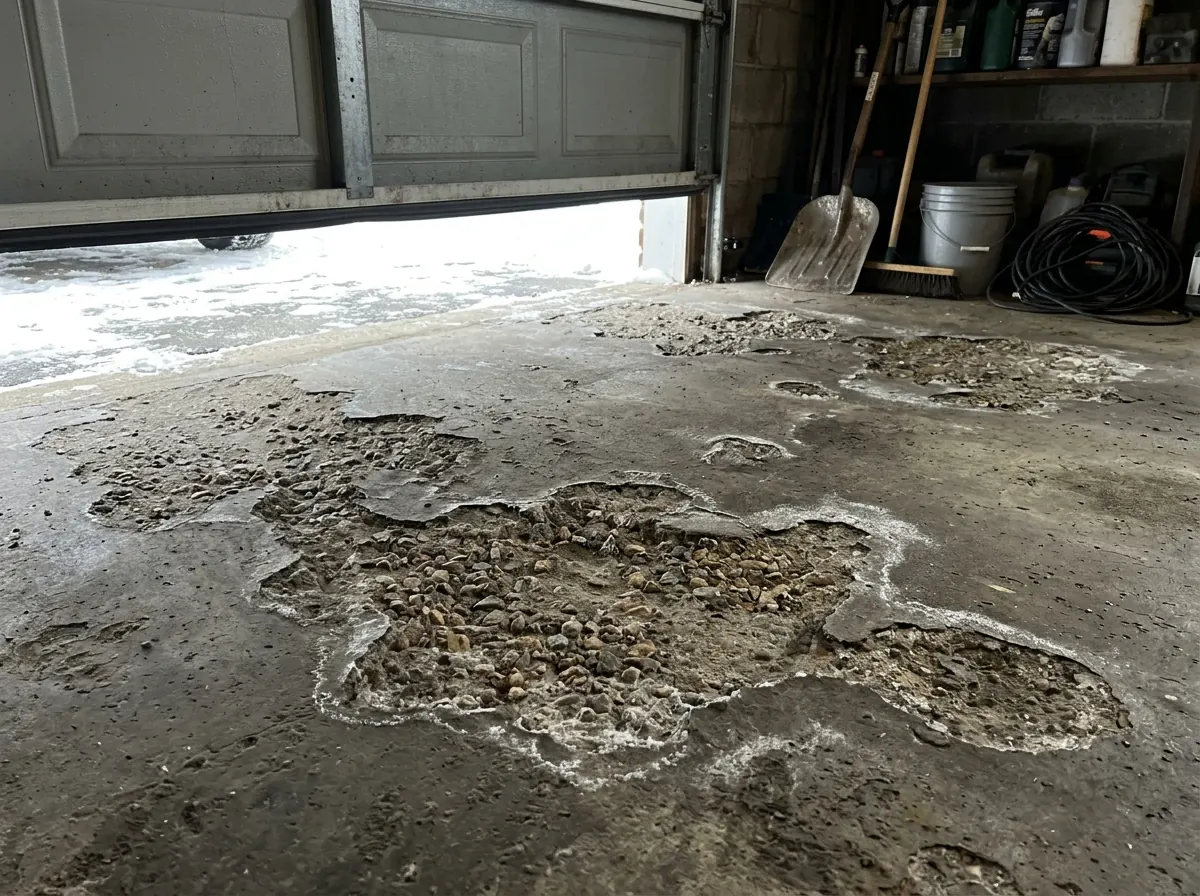 Garage floor near the overhead door with the top layer of concrete flaked away in patches, exposing small stones, a thin white salt residue at the edges