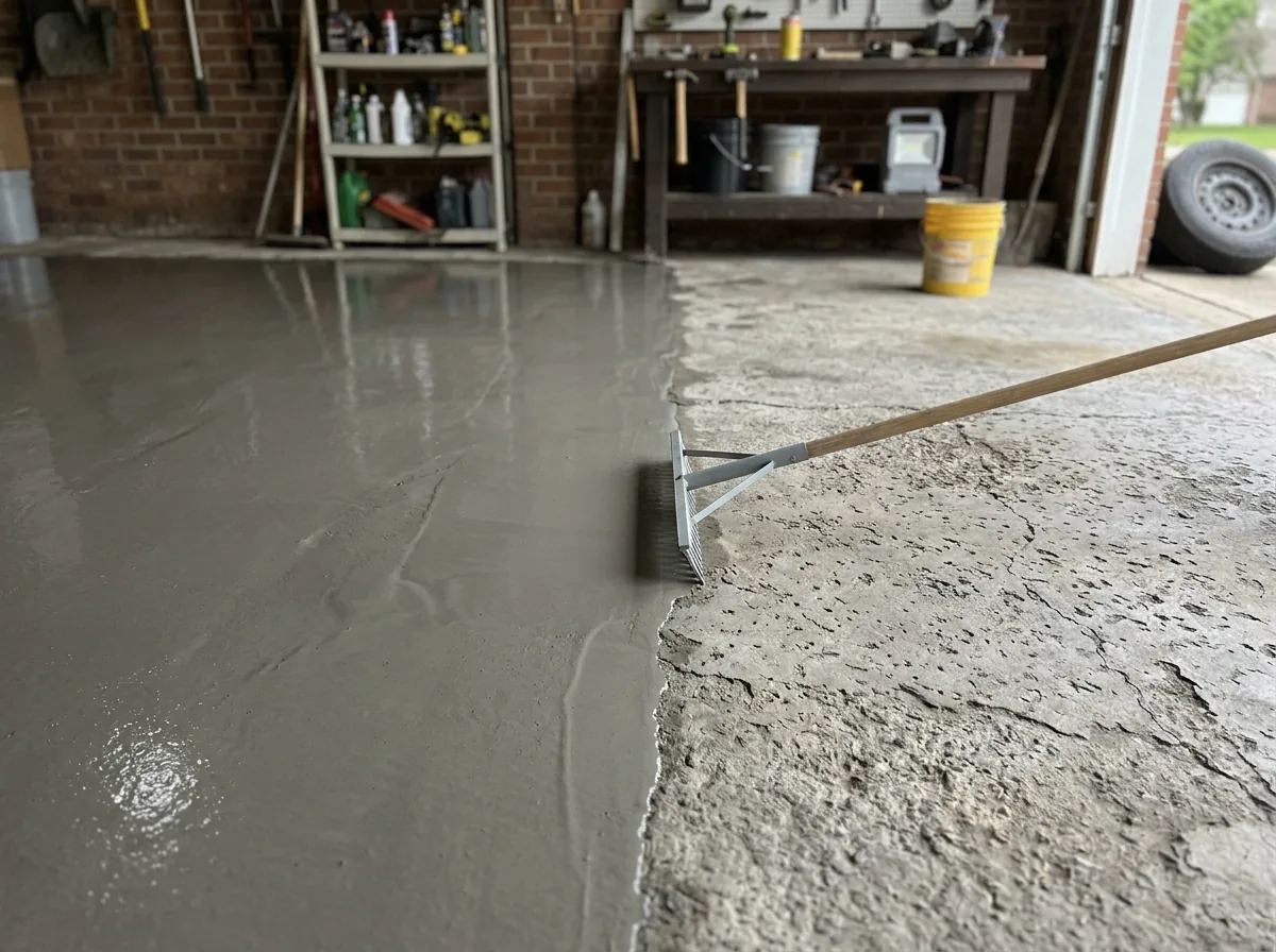 Fresh smooth gray cement self-leveling topping spread across part of a garage floor, a plain gray gauge rake resting on the edge, the old rough concrete still visible on the other side