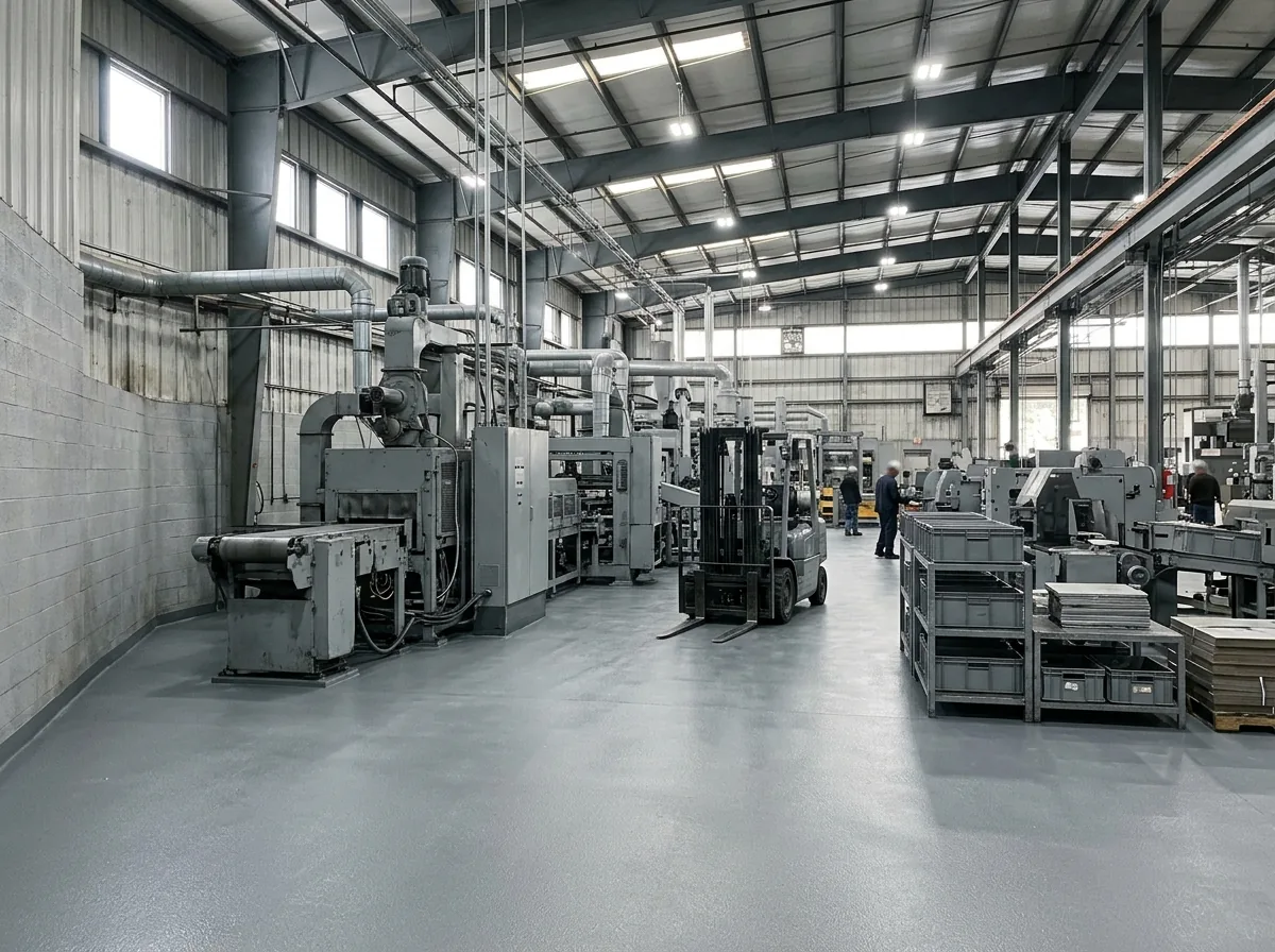 Production floor with a chemical-resistant gray resin coating around plain gray machinery, a coved resin edge where the floor meets a block wall