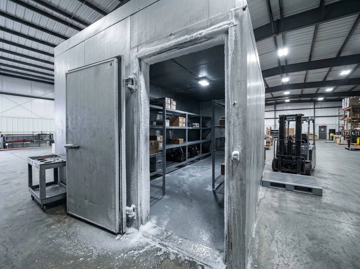 Walk-in cold storage room with a one-piece gray resin floor, plain gray wire shelving and frost on the metal door frame