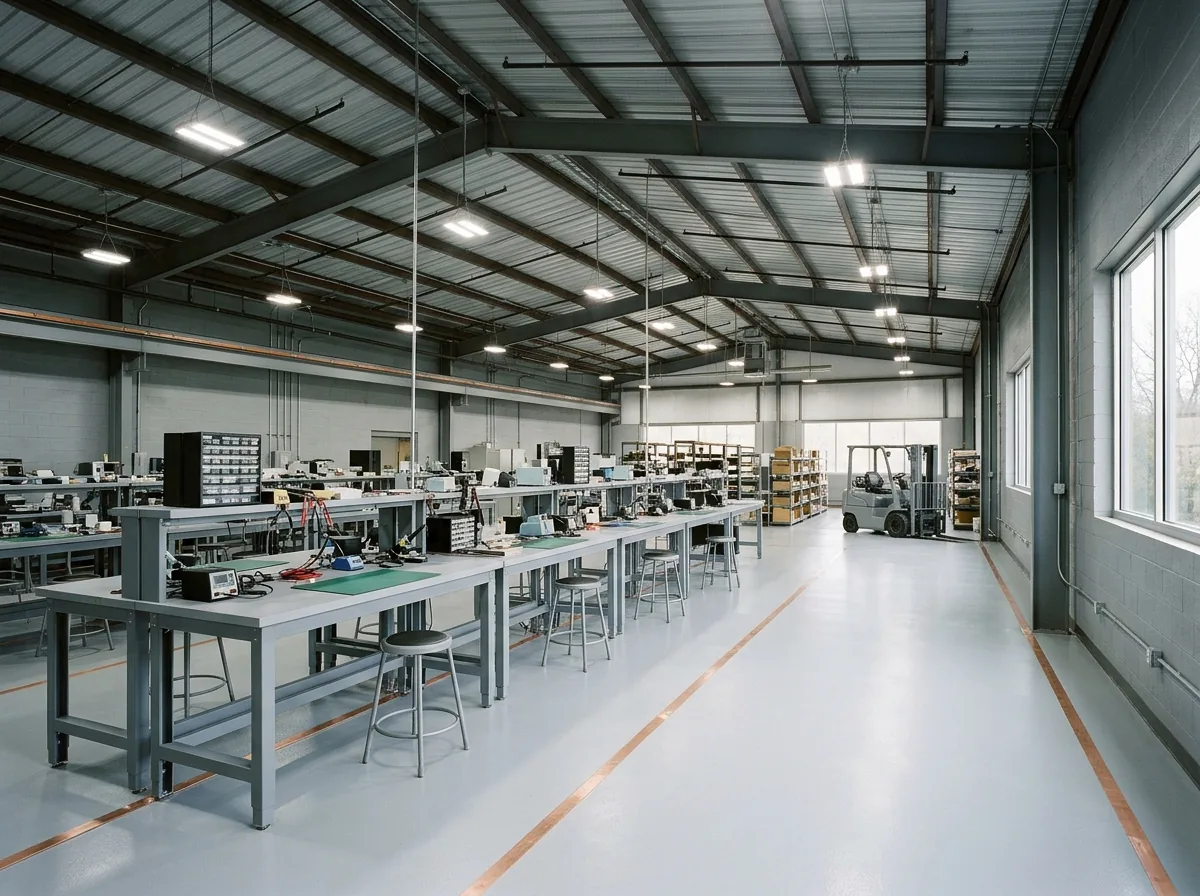 Electronics assembly room with a light gray static-dissipative resin floor, plain gray workbenches and a copper grounding strip at the wall base