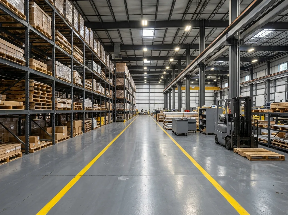 Wide warehouse aisle with a smooth gray epoxy floor between tall steel pallet racks, painted yellow aisle lines on both sides