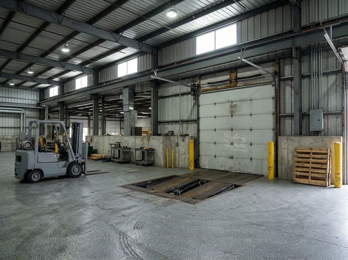 Interior loading dock area with a textured gray coated floor, a steel dock leveler plate set into the slab and a closed overhead door