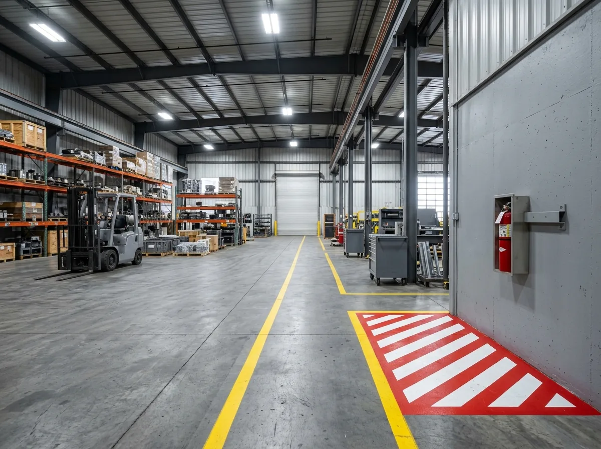 Gray warehouse floor with crisp yellow walkway lines and a red-and-white hatched zone painted around a wall-mounted fire extinguisher