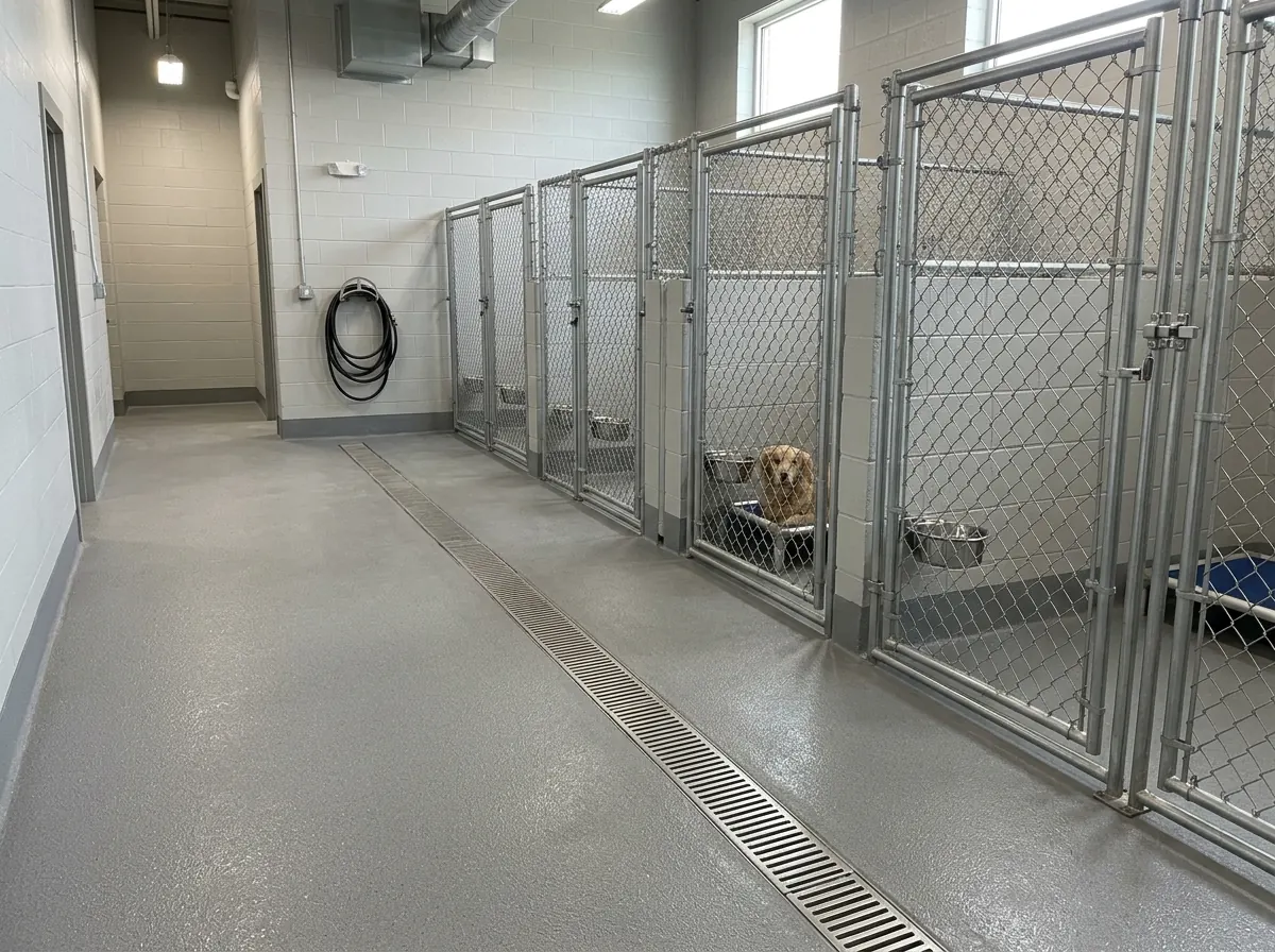 Indoor boarding kennel runs with a gray quartz-textured resin floor sloping to a stainless trench drain, chain-link run gates and a coved resin base at the block wall