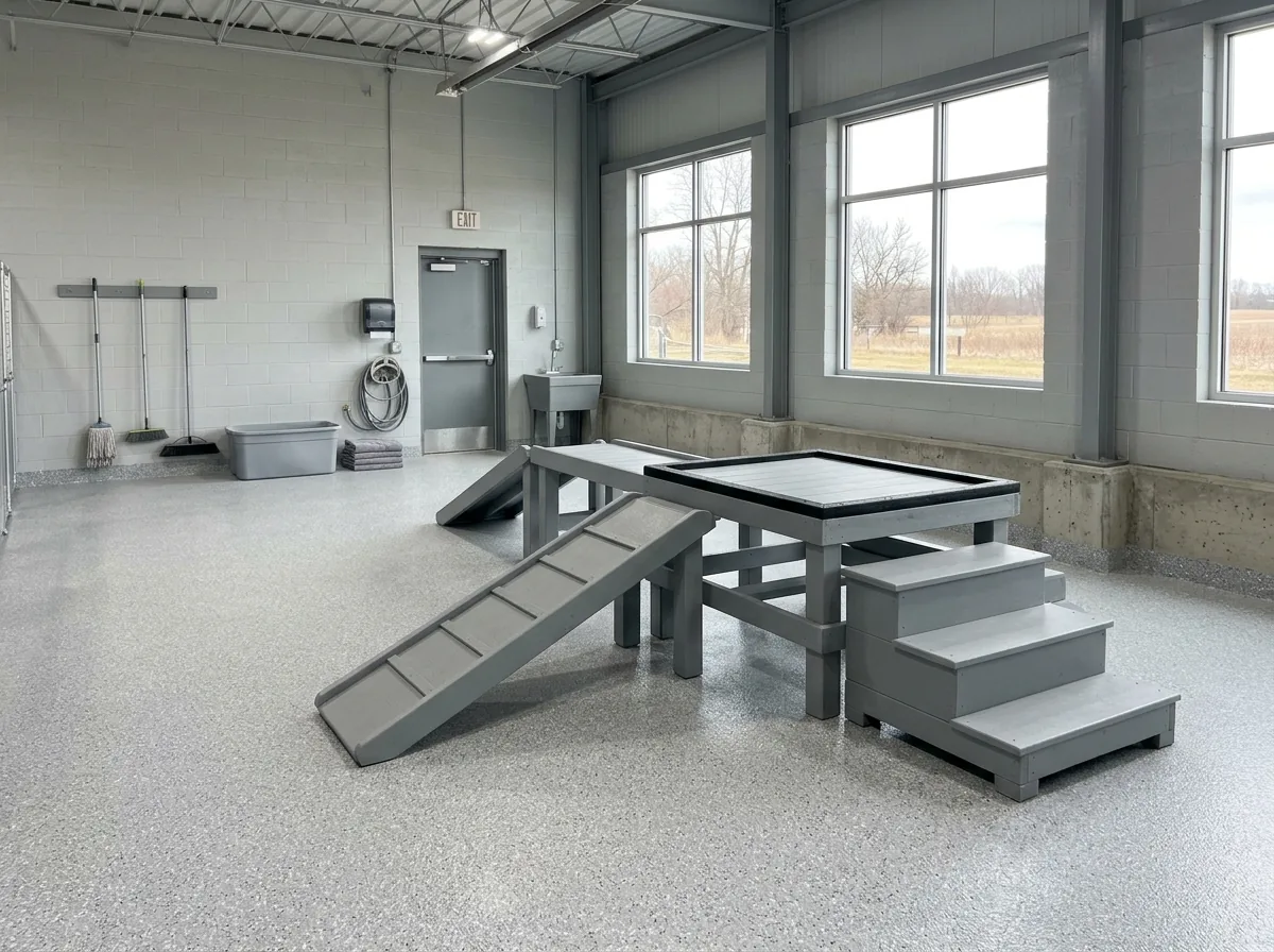 Open dog daycare play room with a light gray flake-coated floor, plain gray play ramps and a rubber-edged climbing platform, no animals present