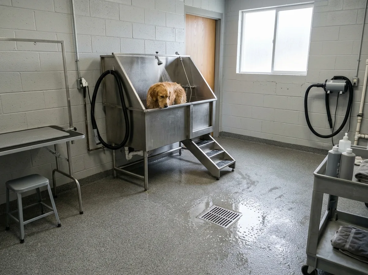 Grooming room with a textured gray quartz floor, a raised stainless dog bathing tub, a hand sprayer and water beading near a floor drain
