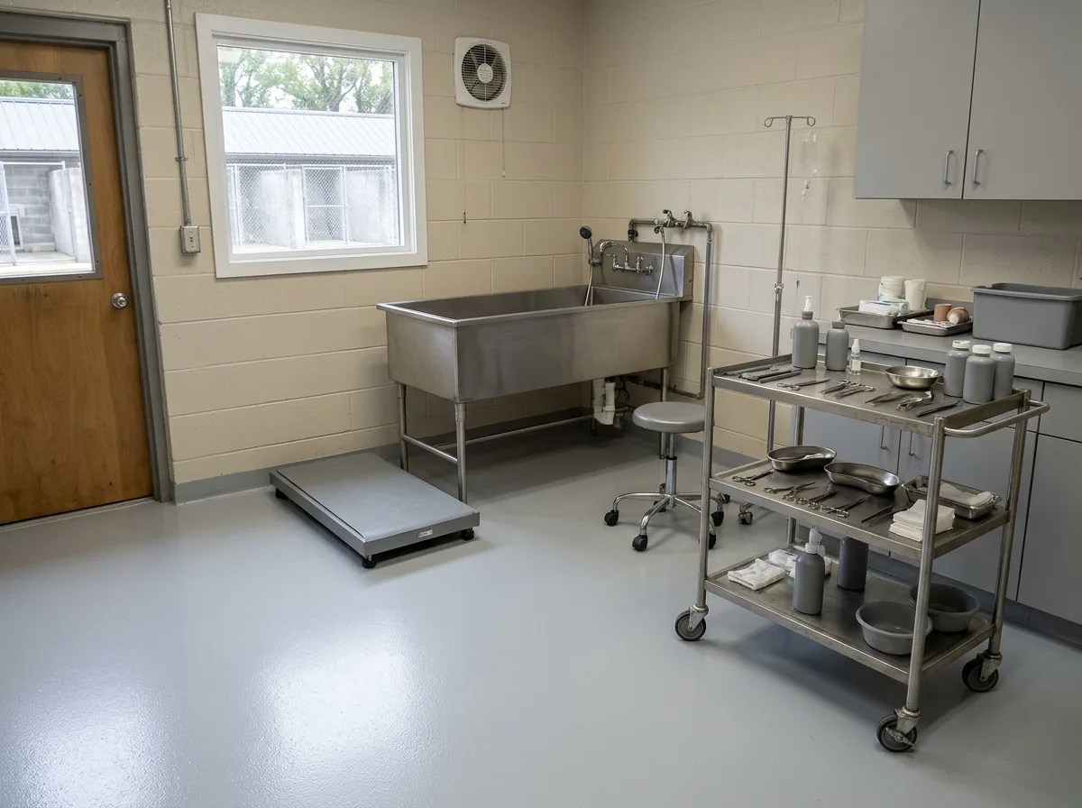 Veterinary treatment room with a smooth one-piece pale gray resin floor, a stainless treatment tub and a rolling instrument cart