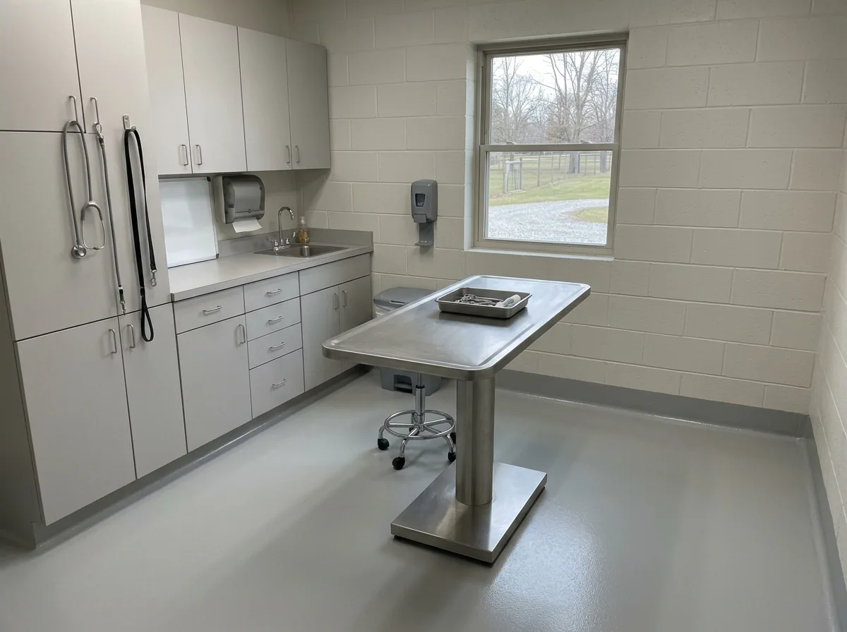 Veterinary exam room with a smooth light gray resin floor, a stainless exam table, plain cabinets and a cove base running along the wall