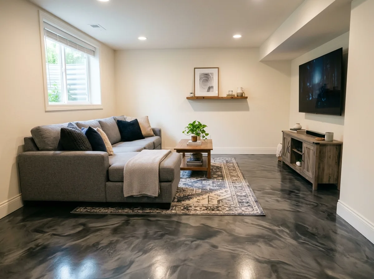 Finished basement family room with a swirling charcoal and silver metallic epoxy floor, a gray sectional sofa and a rug
