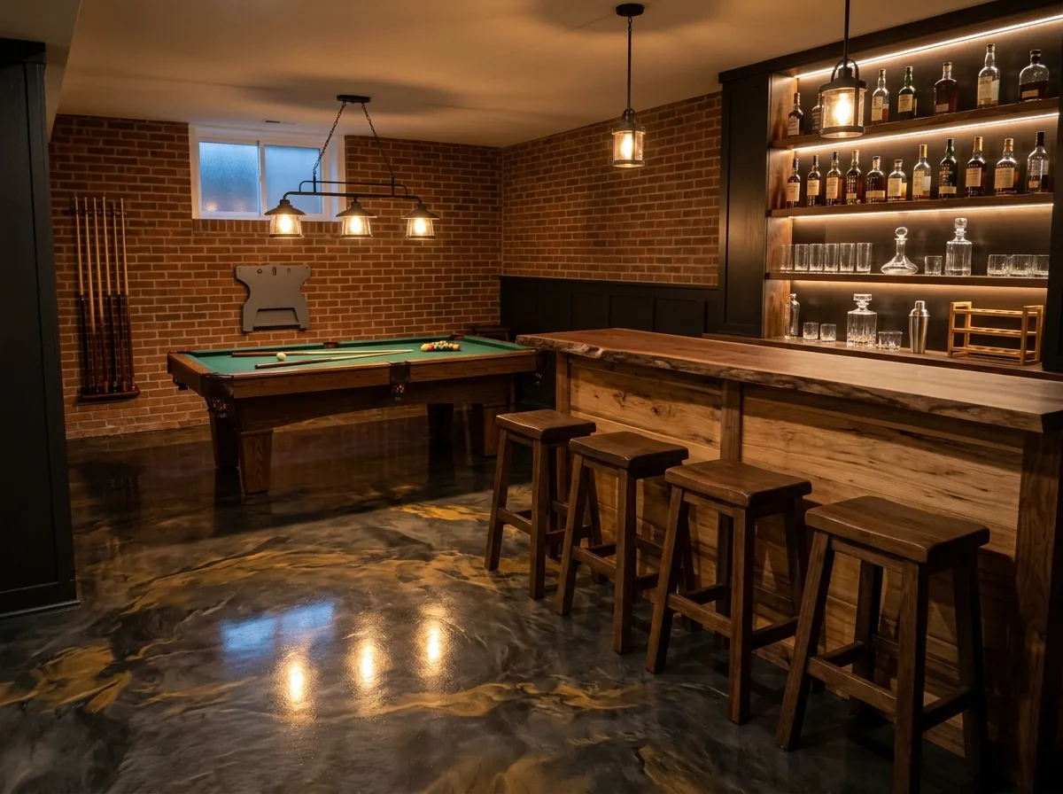 Basement home bar with a charcoal and gold metallic epoxy floor, a wooden bar with stools and a pool table under pendant lights