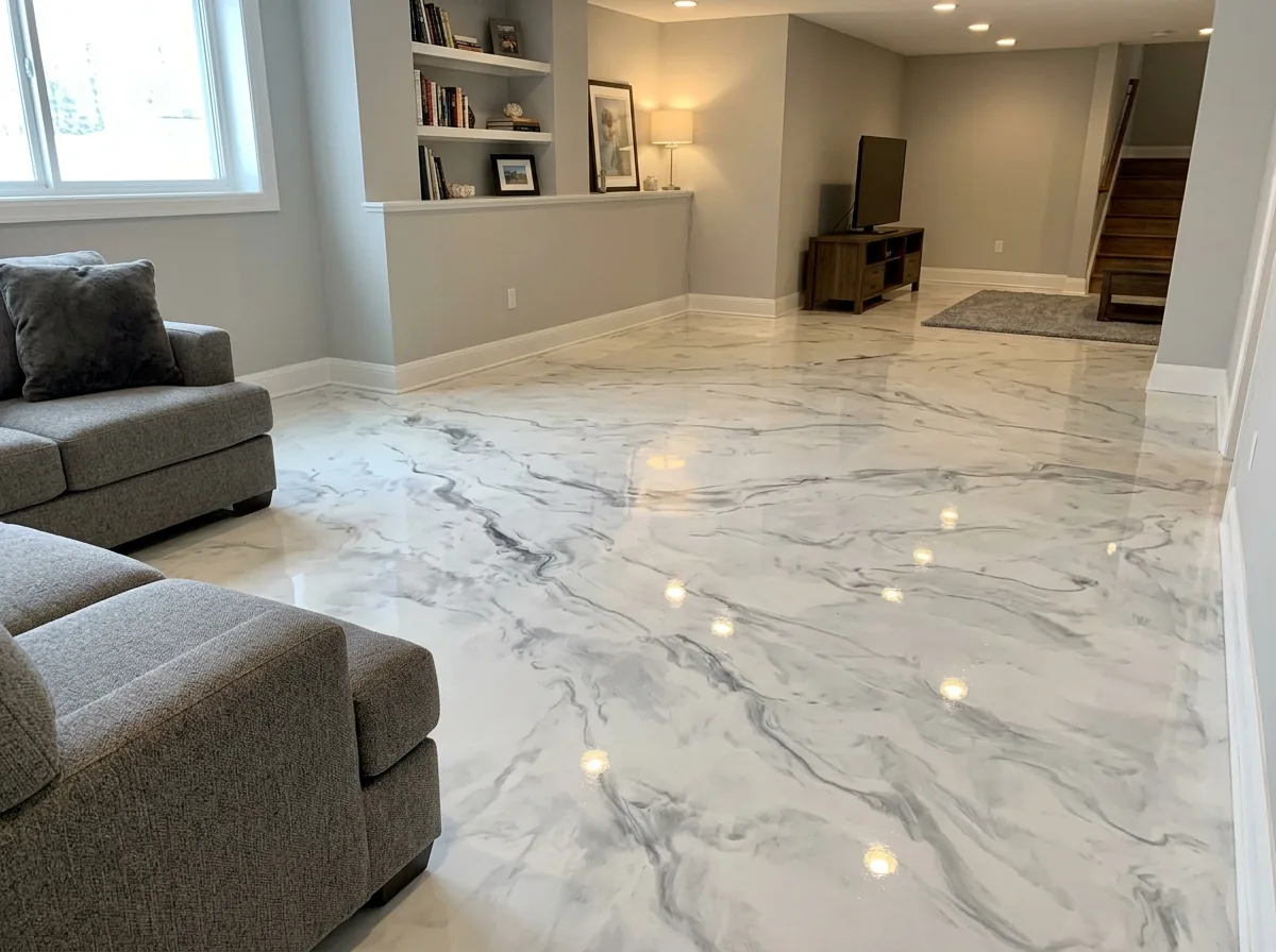 Basement floor with a white and silver marble-effect metallic epoxy finish, thin gray veins running across a glossy surface