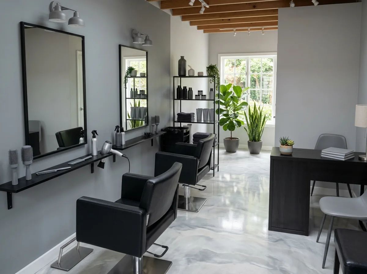 Hair salon with a pearl-white and gray metallic epoxy floor, styling chairs facing mirrors and a reception counter