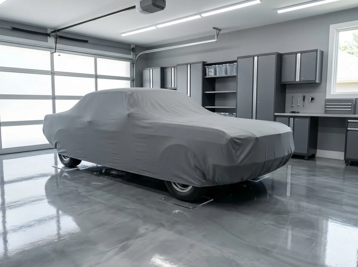 Clean showroom-style home garage with a glossy silver-gray metallic epoxy floor, a classic car under a fitted gray cover, cabinets and display lighting