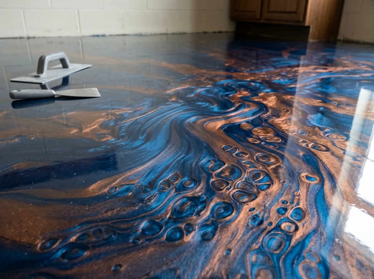 Close-up of a deep blue and copper metallic epoxy floor with swirling waves and small round cell patterns like lava