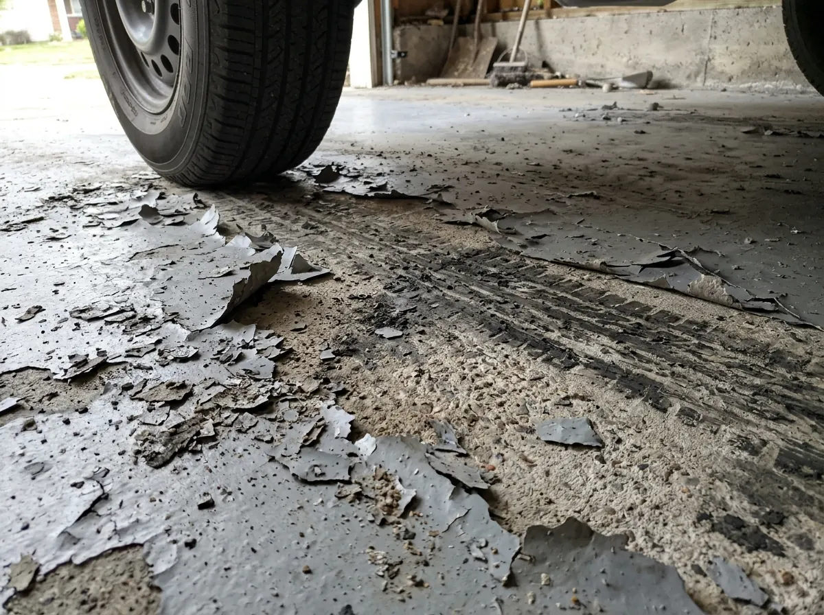 Grey garage floor paint peeling and lifting in tire-shaped patches, flakes of coating on bare concrete under a car tire