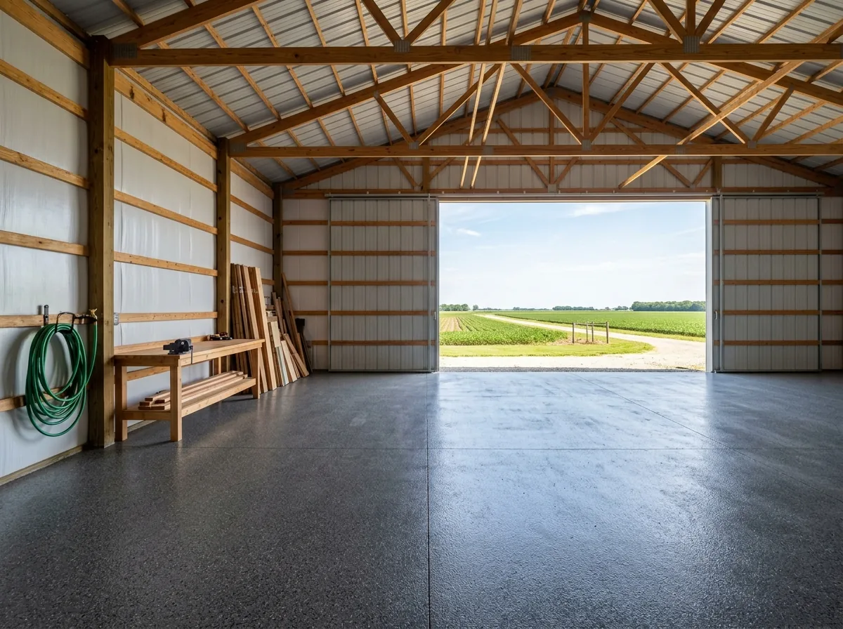 Empty post-frame pole barn with white steel liner walls, wooden trusses, a large dark gray flake epoxy floor and the sliding door open to farm fields