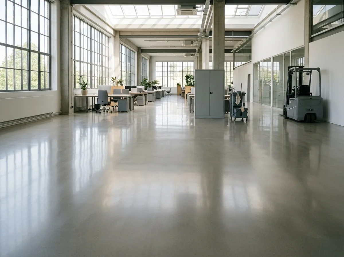 Polished concrete floor with a smooth uniform gray cream finish, almost no visible stone, reflecting overhead windows in an open office