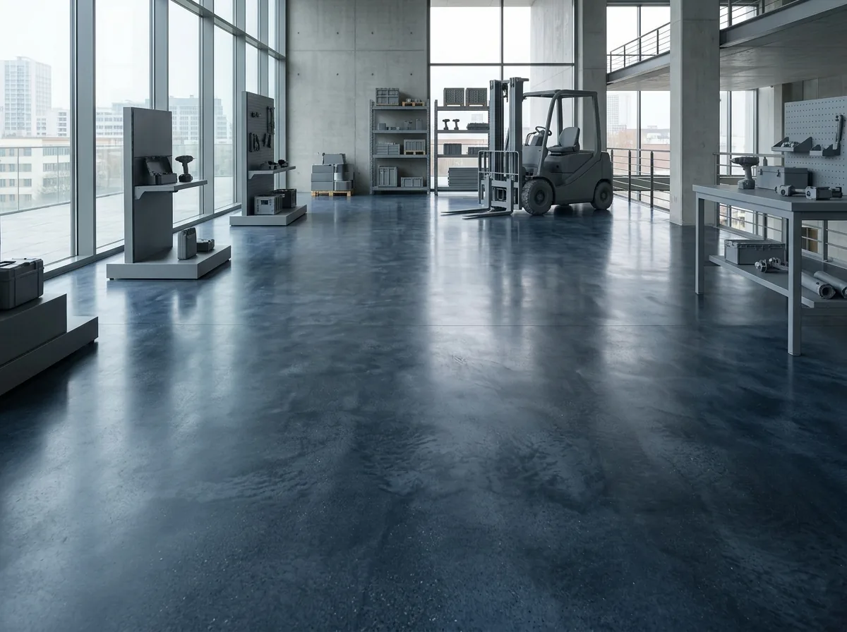 Polished concrete floor dyed a deep charcoal blue with a satin sheen in a modern showroom, subtle mottling in the color