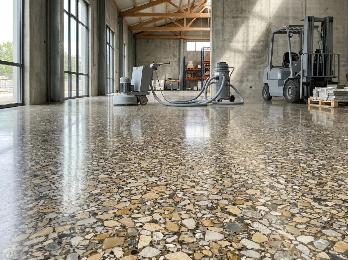 Polished concrete floor ground deep enough to show large cut stones in tan, gray and white throughout the slab, terrazzo-like look