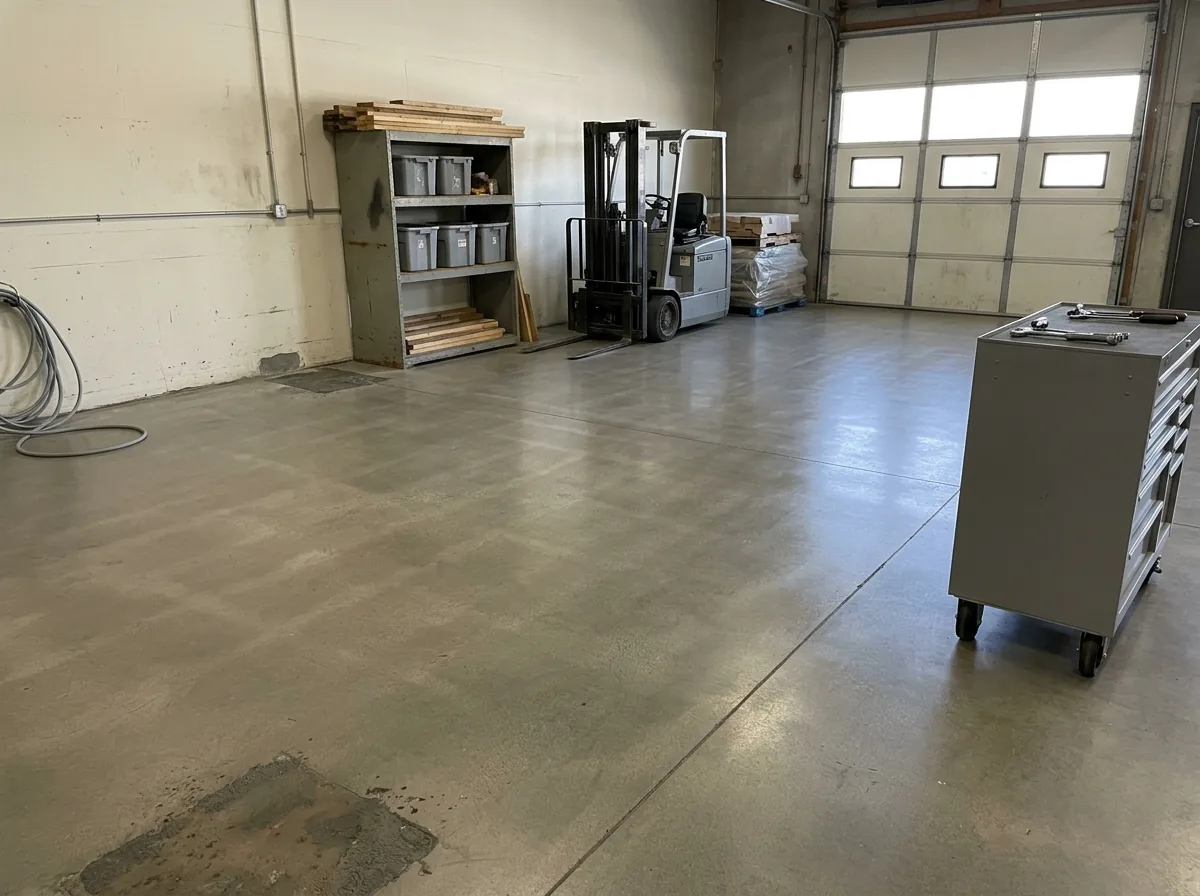 Concrete garage floor ground smooth and finished with a clear satin sealer, light reflection and a few small old patch marks visible