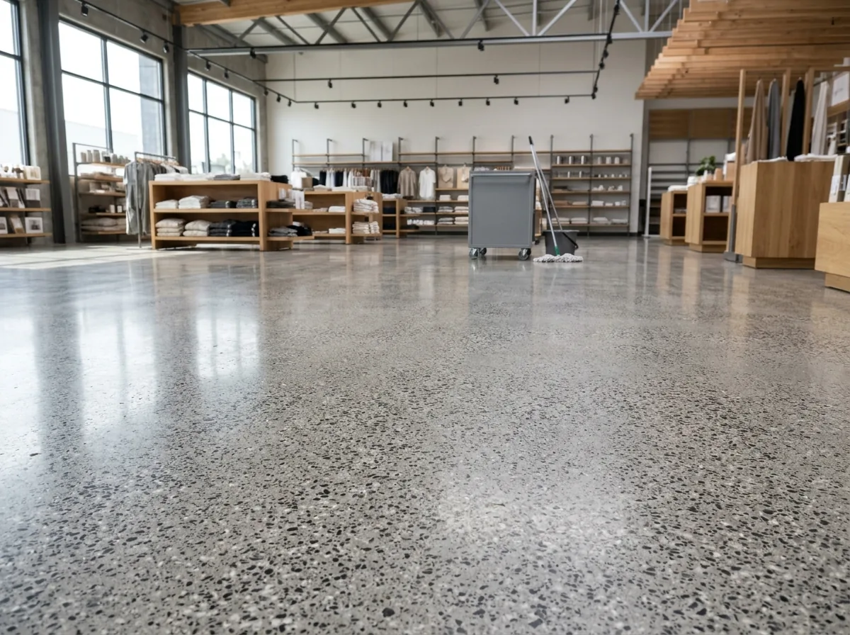 Polished concrete floor with a speckled salt-and-pepper look, fine sand particles exposed across a gray surface in a retail store