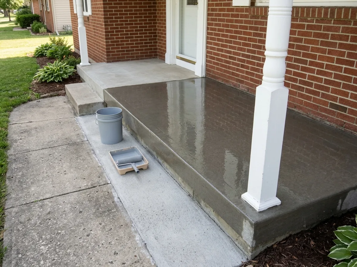 Smooth gray concrete porch slab with a fresh clear gloss sealer coat, the wet sheen visible next to a dry unsealed strip near the steps