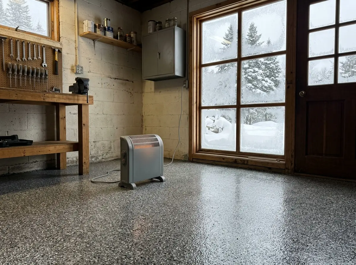 Unheated garage in winter with frost on the window, a portable heater warming the air and a freshly coated gray flake floor