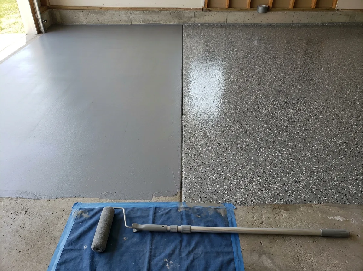 Two-tone floor section showing a pigmented gray epoxy base coat on the left and a glossy clear polyaspartic topcoat over flake on the right, with a plain gray roller on an extension pole