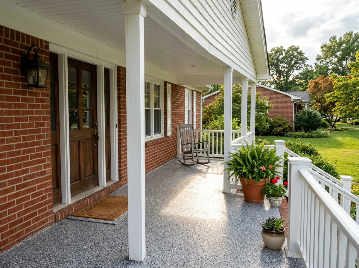Covered front porch of a red brick house with a gray and white flake polyaspartic floor coating, bright afternoon sun falling across half the floor