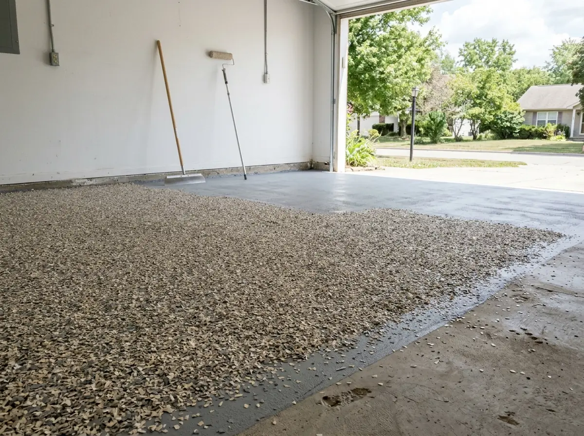 Garage floor mid-install with a gray polyaspartic base coat fully covered in tan and gray vinyl chips, a long-handled scraper and a plain gray roller frame resting against the wall