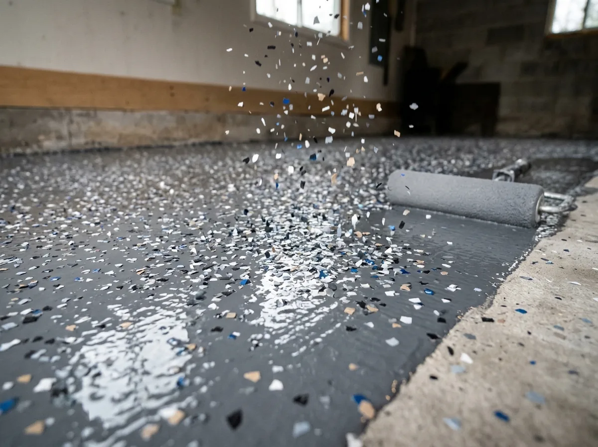 Close-up of a freshly rolled gray polyurea basecoat with vinyl chips being broadcast into it, chips scattered across the wet surface