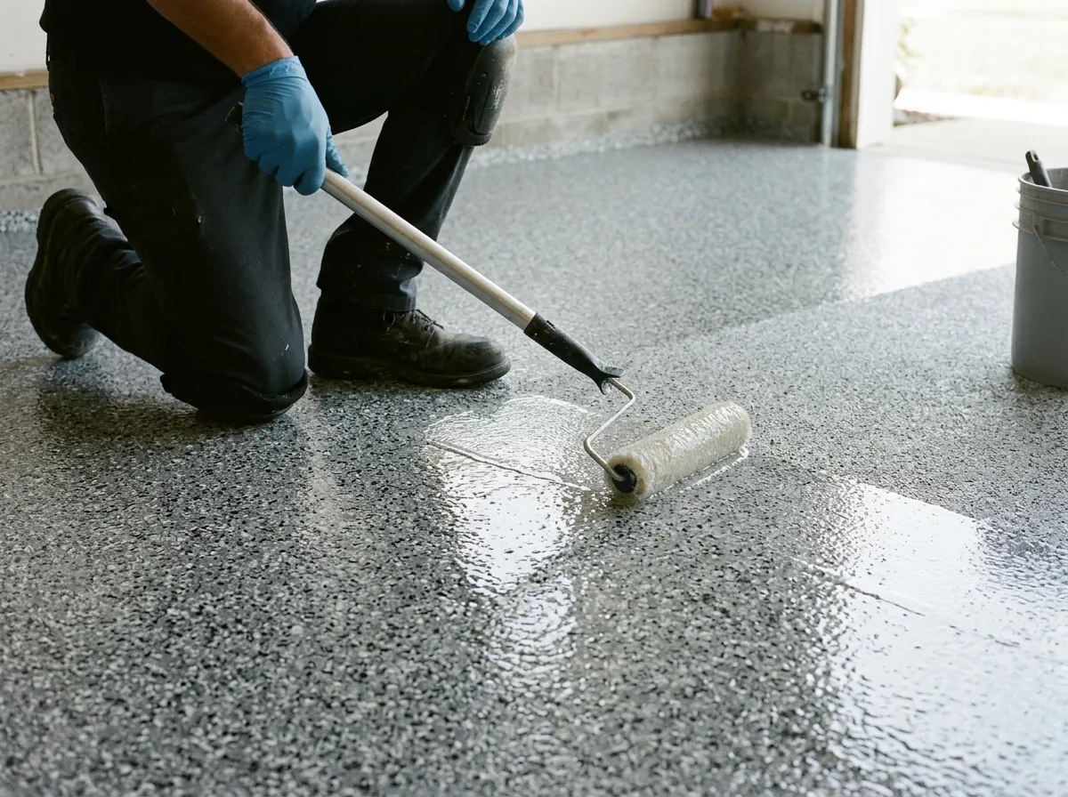 Kneeling worker in gloves rolling a clear glossy topcoat over a gray flake garage floor, the wet section shining next to the matte section