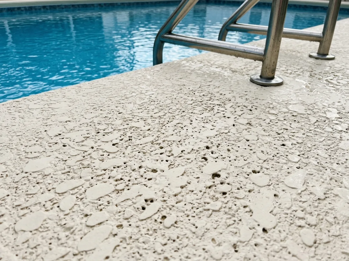 Pool deck surface in a pale cream textured cool-deck finish with a mix of smooth knolls and small voids, a pool ladder and blue water at the edge