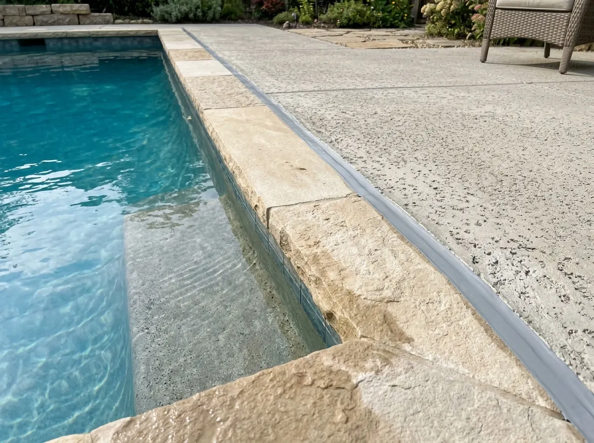 Edge of an in-ground pool showing the coping stones, a neatly sealed flexible expansion joint between the coping and the coated concrete deck, and the first pool step