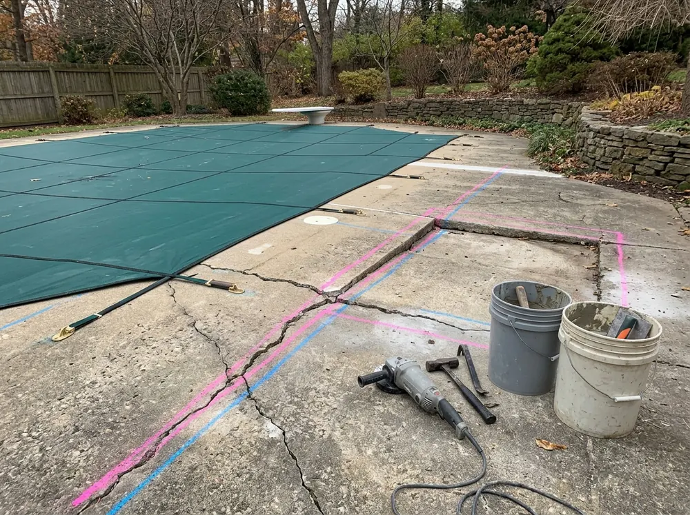 Cracked concrete pool deck with a settled section, chalk lines marking repairs, a plain gray grinder and patch buckets nearby, the pool covered