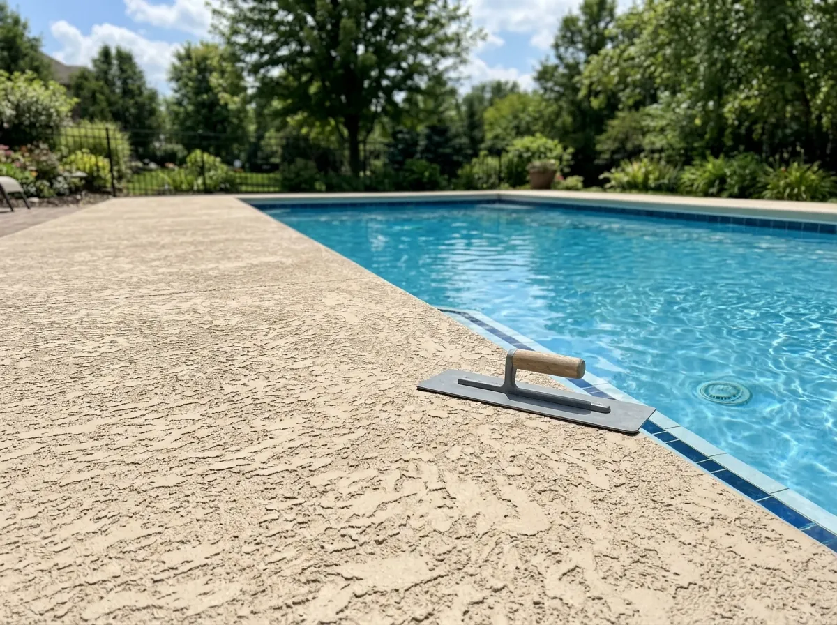 Concrete pool deck being finished in a light tan spray knockdown texture, flattened splatter pattern visible, an in-ground pool with blue water alongside